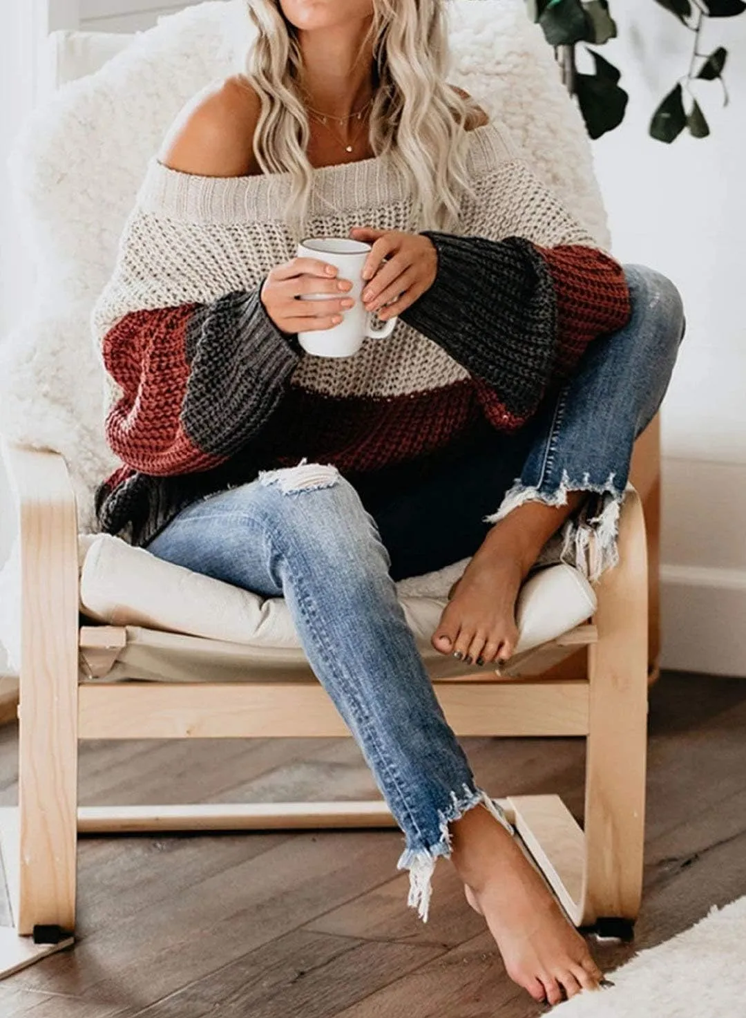 VIMPUNEC Womens Oversized Sweater Color Block Off The Shoulder Pullover Sweaters Cable Knit Chunky Striped Tops