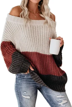 VIMPUNEC Womens Oversized Sweater Color Block Off The Shoulder Pullover Sweaters Cable Knit Chunky Striped Tops