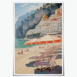 Vintage Amalfi Coastal Wall Art Canvas Print Summer Tropical Beach Scene Art Wall Decor Italy Landscape Ocean Sea Scenery Pictures Painting for Bathroom Living Room Bedroom Dorm 16x24inch Unframed