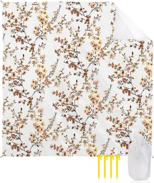 Vintage Brown Beach Blanket Large with Stakes Waterproof Sandproof Beach Mat with Corner Pockets for Outdoor Travel Camping Hiking Picnic Essentials,Retro Fall Leaves Flowers Watercolor 83"x79"