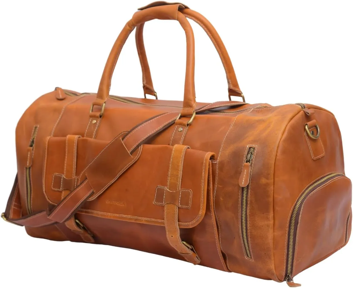 Vintage Duffel Travel Bag for Men/Women and Travel pure Leather Bag,Airplane Luggage,Sports Gym,Carry-With Shoe Compartment (Brown, 30 Inches)
