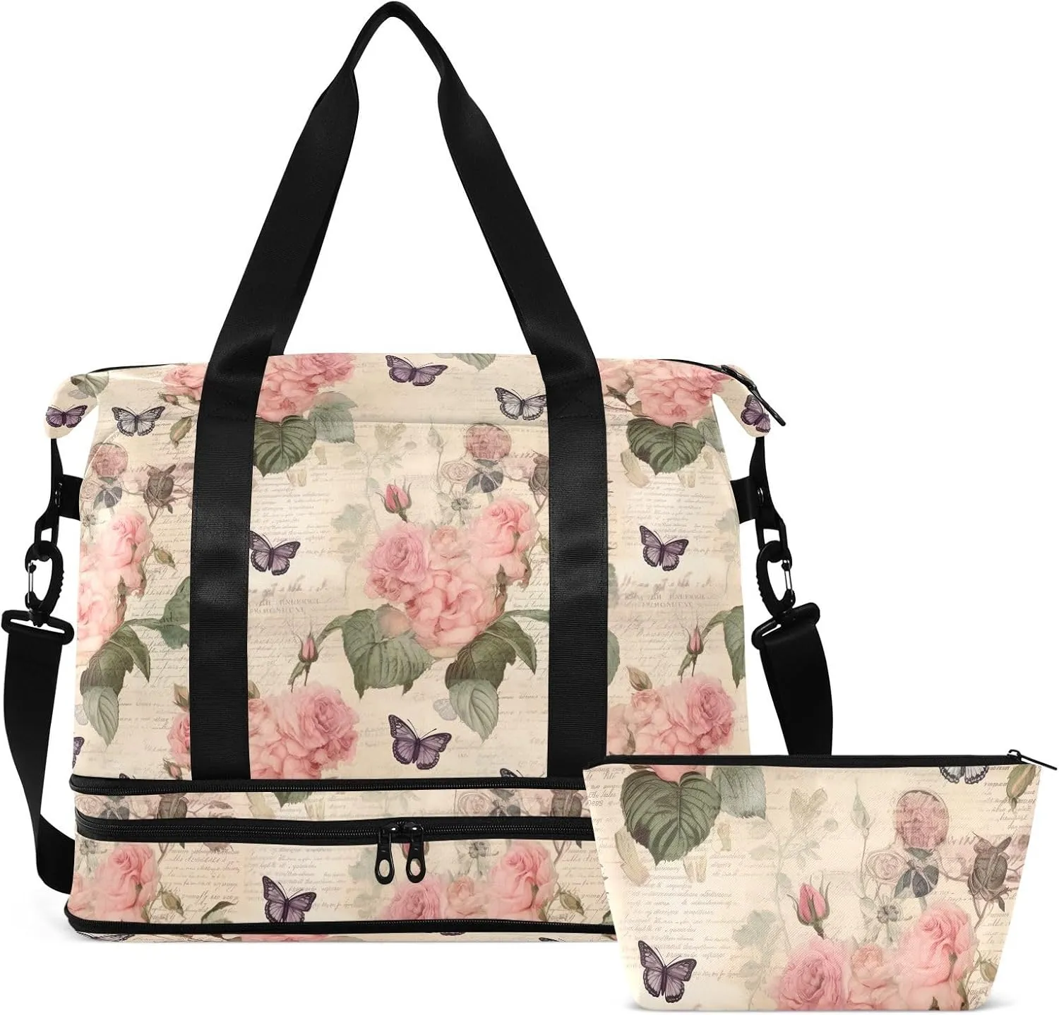 Vintage Paper Roses Butterfly Gym Bag for Women & Men,Duffel Bag with Shoe Pocket,Weekender Overnight Bag with Trolley Sleeve for Travel 21215192