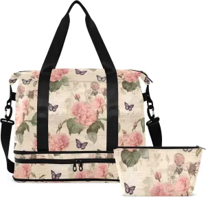 Vintage Paper Roses Butterfly Gym Bag for Women & Men,Duffel Bag with Shoe Pocket,Weekender Overnight Bag with Trolley Sleeve for Travel 21215192