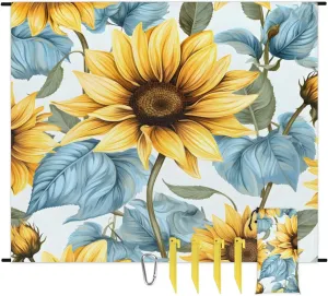 Vintage Sunflowers Beach Blanket, Sandproof Beach Mat, 68 x 59 Waterproof Quick Drying Sand Free Mat with 4 x Ground Spikes for Outdoor Travel Camping Hiking, Florals