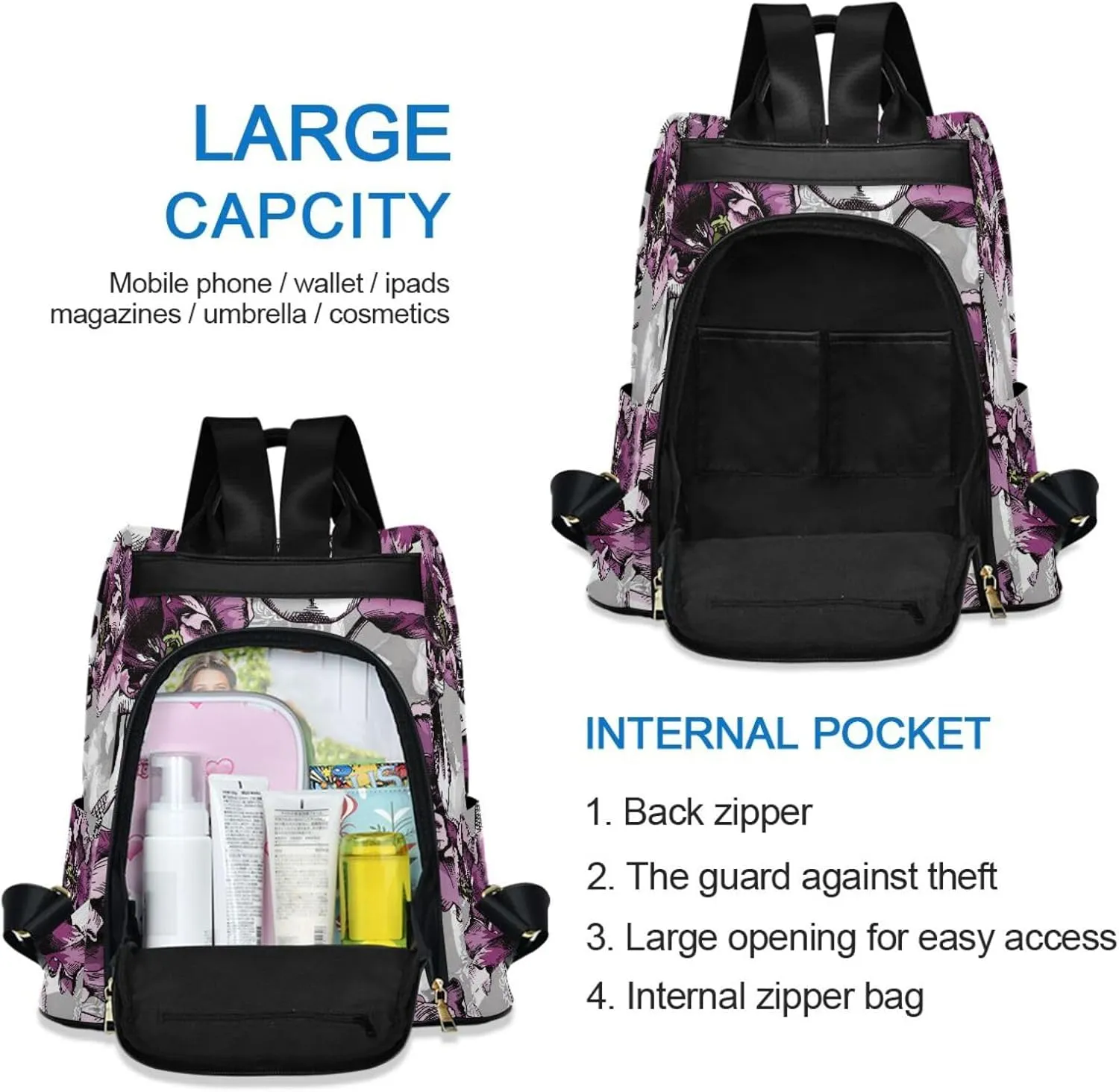 Violet Tulips Flowers and Gray Skulls Backpack Purse for Women Anti-Theft Fashion Back Pack Shoulder Bag