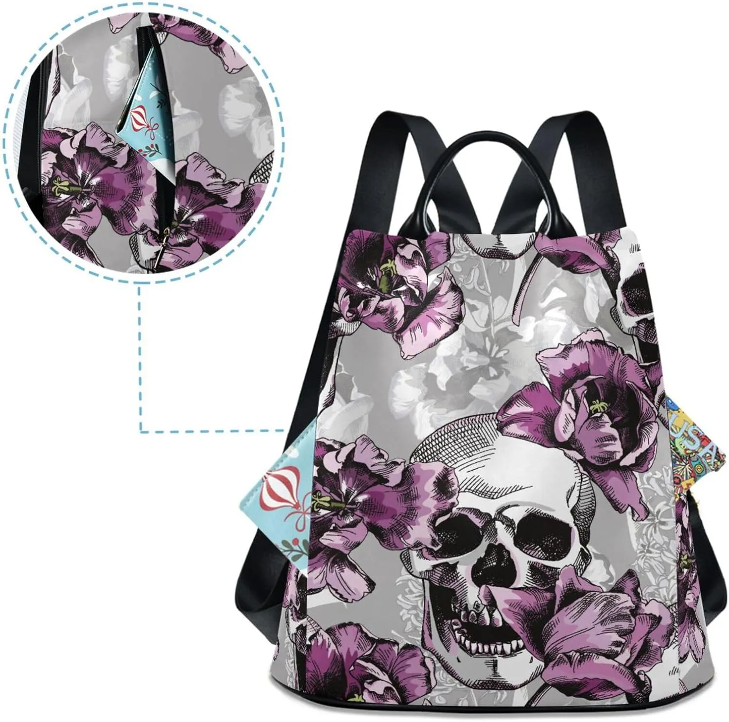 Violet Tulips Flowers and Gray Skulls Backpack Purse for Women Anti-Theft Fashion Back Pack Shoulder Bag