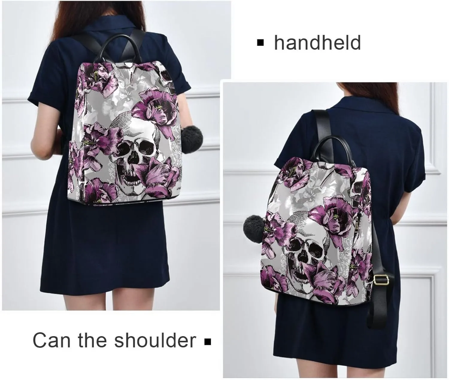 Violet Tulips Flowers and Gray Skulls Backpack Purse for Women Anti-Theft Fashion Back Pack Shoulder Bag