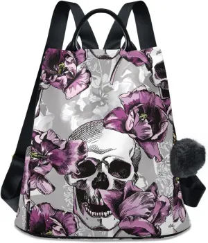 Violet Tulips Flowers and Gray Skulls Backpack Purse for Women Anti-Theft Fashion Back Pack Shoulder Bag