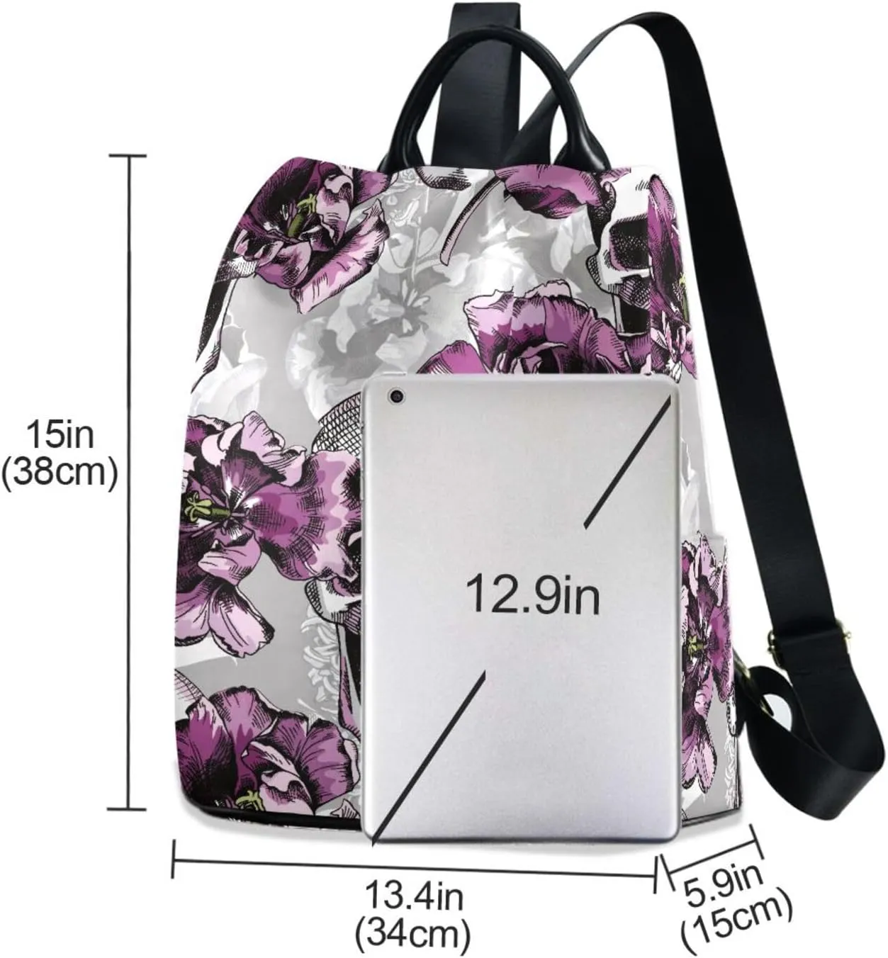 Violet Tulips Flowers and Gray Skulls Backpack Purse for Women Anti-Theft Fashion Back Pack Shoulder Bag