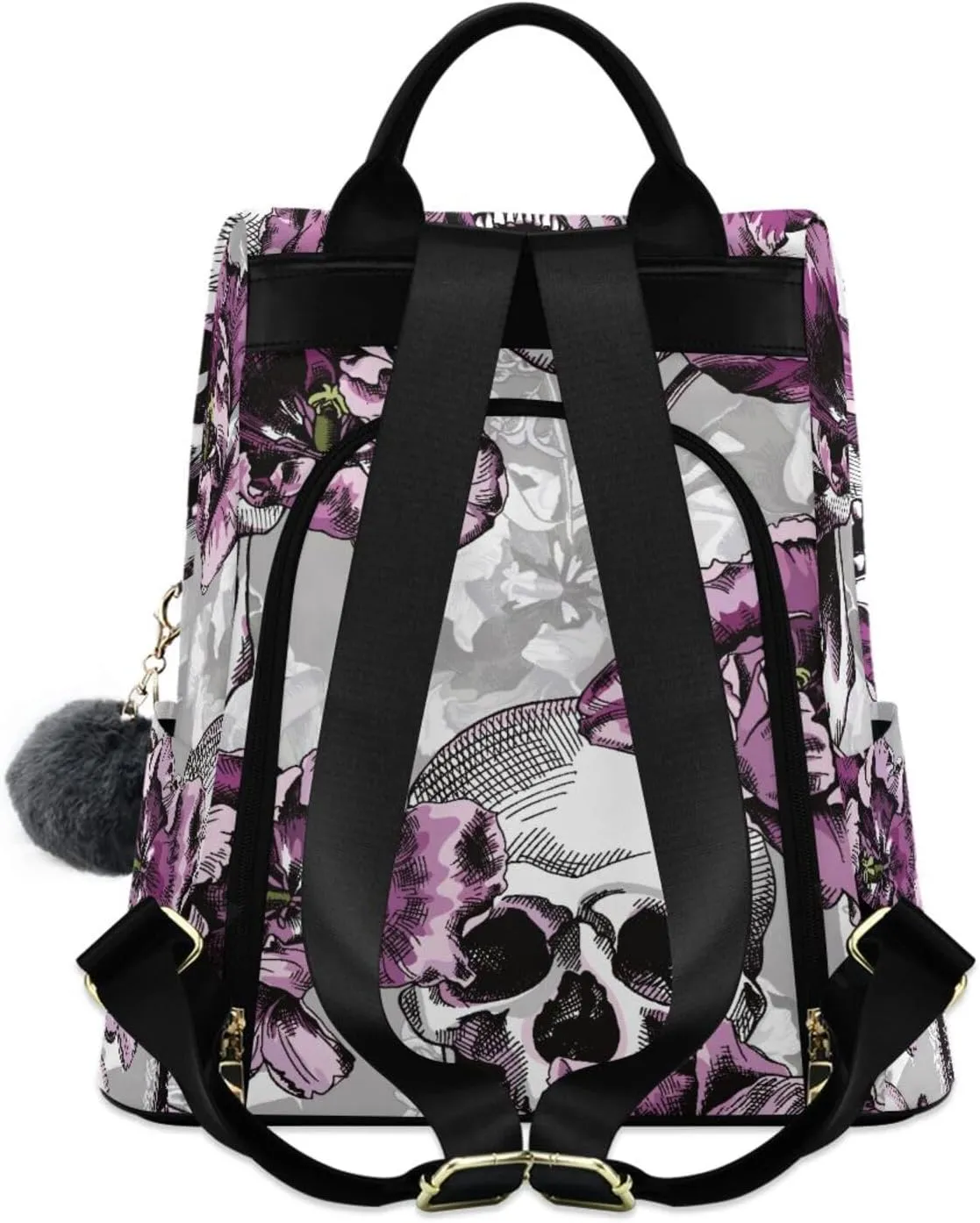 Violet Tulips Flowers and Gray Skulls Backpack Purse for Women Anti-Theft Fashion Back Pack Shoulder Bag