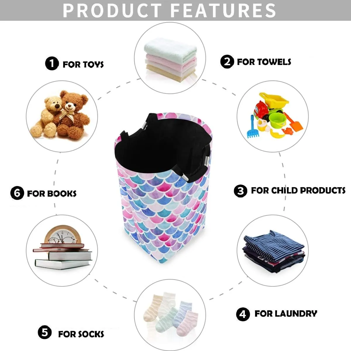 visesunny Collapsible Laundry Basket Mermaid Rainbow Scale Large Laundry Hamper with Handle Toys and Clothing Organization for Bathroom, Bedroom, Home, Dorm, Travel