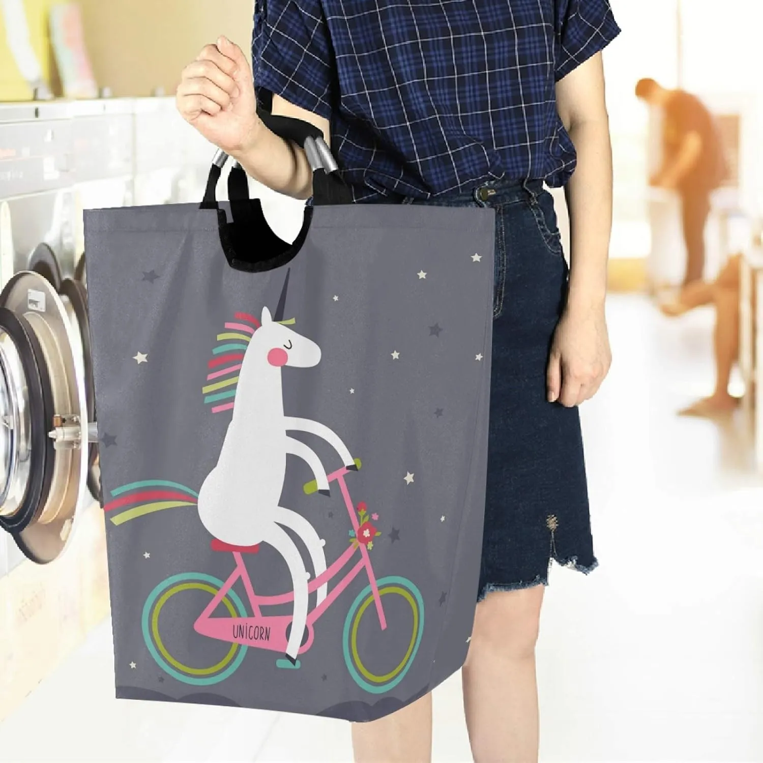 visesunny Large Capacity Laundry Hamper Basket Cute Unicorn On A Bicycle Animal Water-Resistant Oxford Cloth Storage Baskets for Bedroom, Bathroom, Dorm, Kids Room