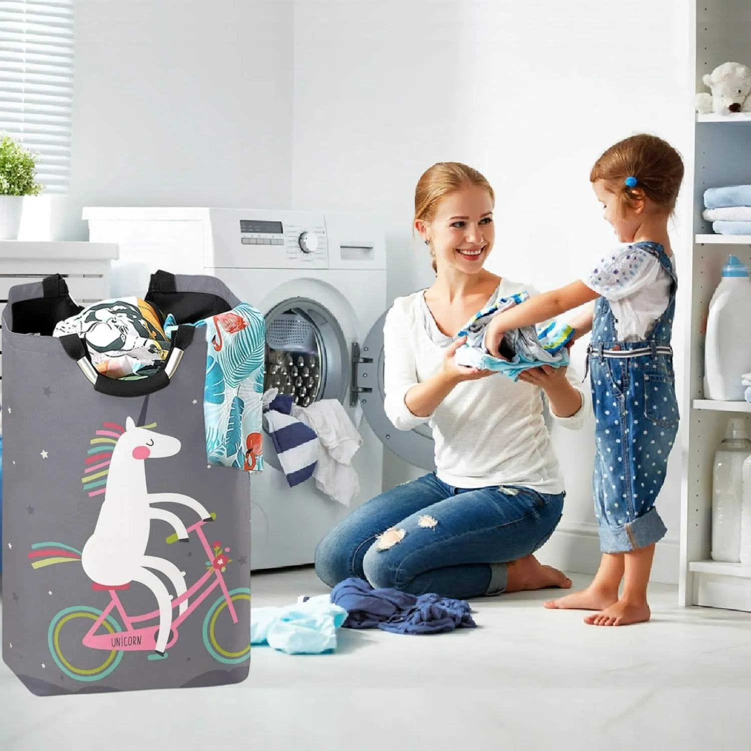 visesunny Large Capacity Laundry Hamper Basket Cute Unicorn On A Bicycle Animal Water-Resistant Oxford Cloth Storage Baskets for Bedroom, Bathroom, Dorm, Kids Room