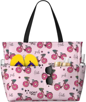 VOSERY Large Beach Bags Waterproof Sandproof - Bike with Donut Wheels Cute Beach Tote Bags for Women with Zipper