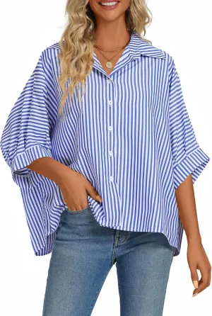 Vrtige Women's Casual Stripe Button Down Collar V Neck Half Sleeve Loose Blouse Shirt Top