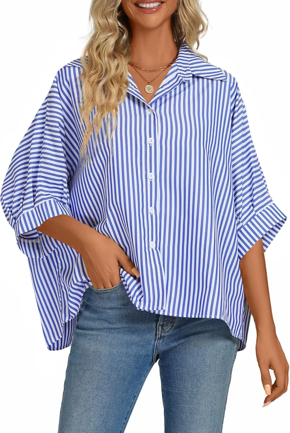 Vrtige Women's Casual Stripe Button Down Collar V Neck Half Sleeve Loose Blouse Shirt Top