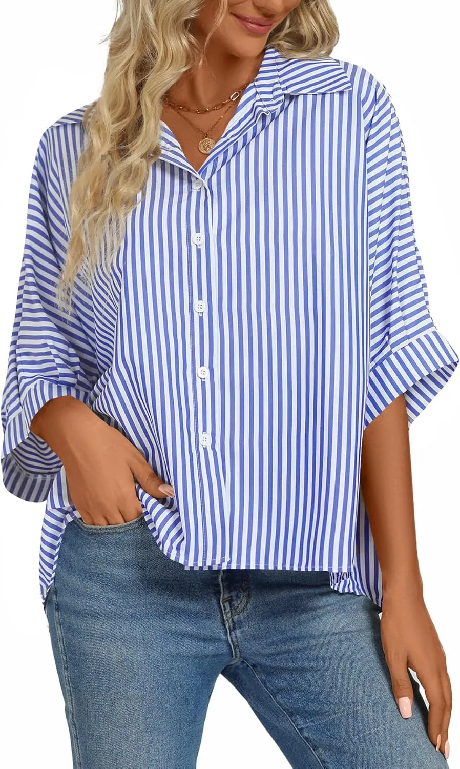 Vrtige Women's Casual Stripe Button Down Collar V Neck Half Sleeve Loose Blouse Shirt Top