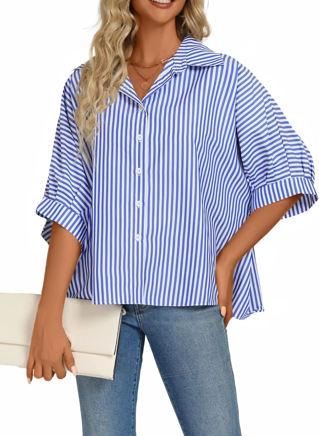 Vrtige Women's Casual Stripe Button Down Collar V Neck Half Sleeve Loose Blouse Shirt Top