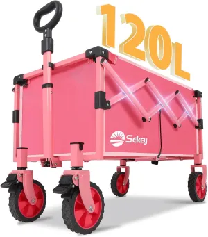 Wagon with Brakes, Foldable Cart with 220LBS Capacity, Utility Lightweight Wagon, Collapsible Grocery Shopping Cart for Camping Sports & Holiday.Barbie Pink