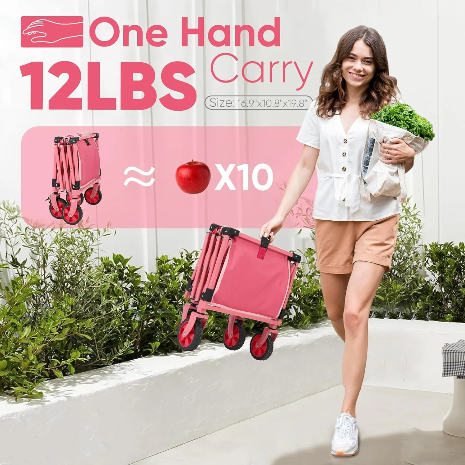 Wagon with Brakes, Foldable Cart with 220LBS Capacity, Utility Lightweight Wagon, Collapsible Grocery Shopping Cart for Camping Sports & Holiday.Barbie Pink