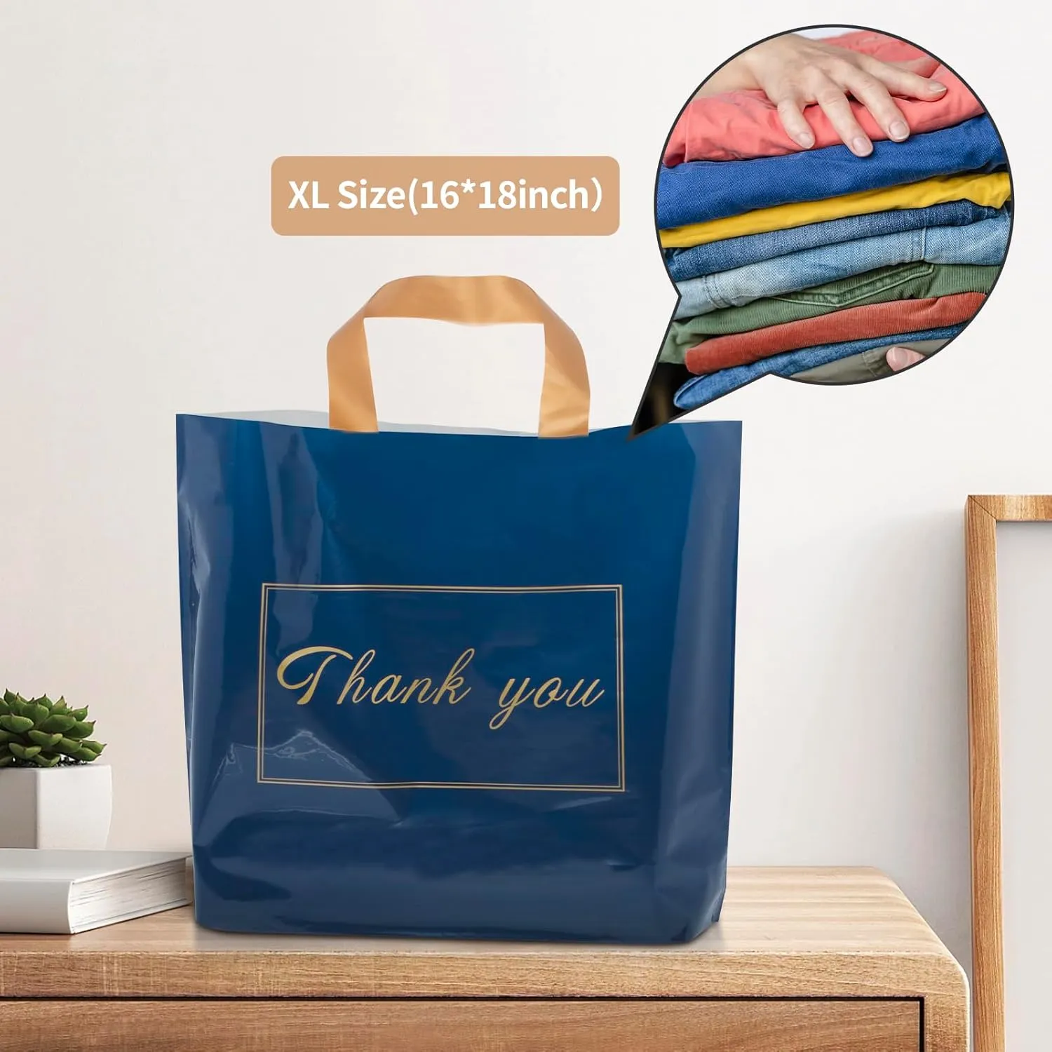 WAKAKO 60 Pack Thank You Plastic Bag for Small Business Retail Store 16x18 Inch Plastic Shopping Bag with Handle Merchandise Bag Bulk, Blue