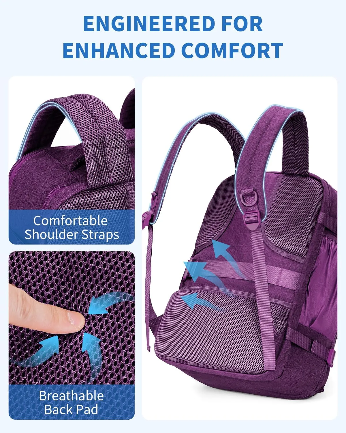 WANDF Travel Backpack For Spirit Airlines Personal Item Bag 18x14x8 with Wet Pocket, 17 Inch Laptop Backpack for Men Women (Deep purple)
