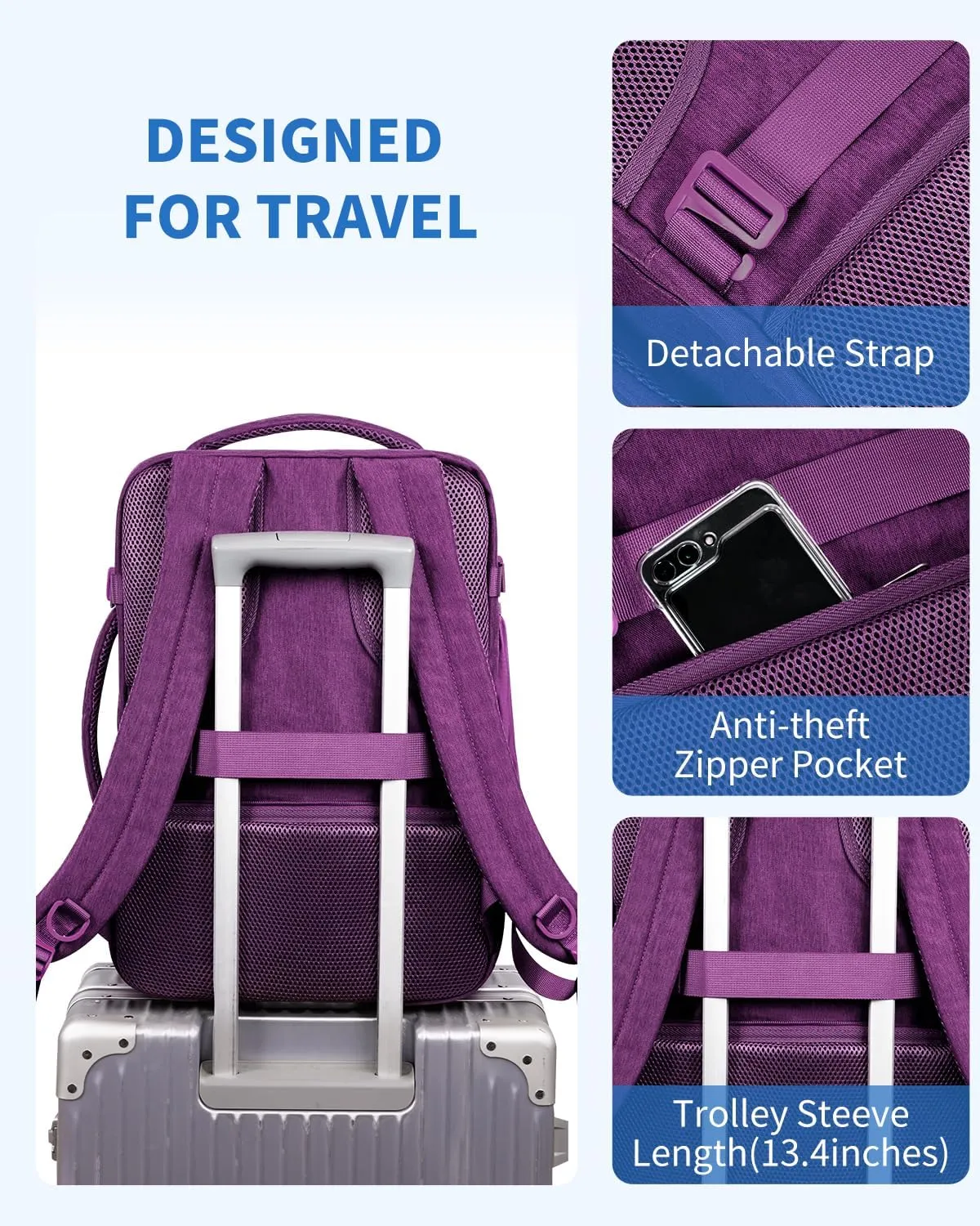 WANDF Travel Backpack For Spirit Airlines Personal Item Bag 18x14x8 with Wet Pocket, 17 Inch Laptop Backpack for Men Women (Deep purple)
