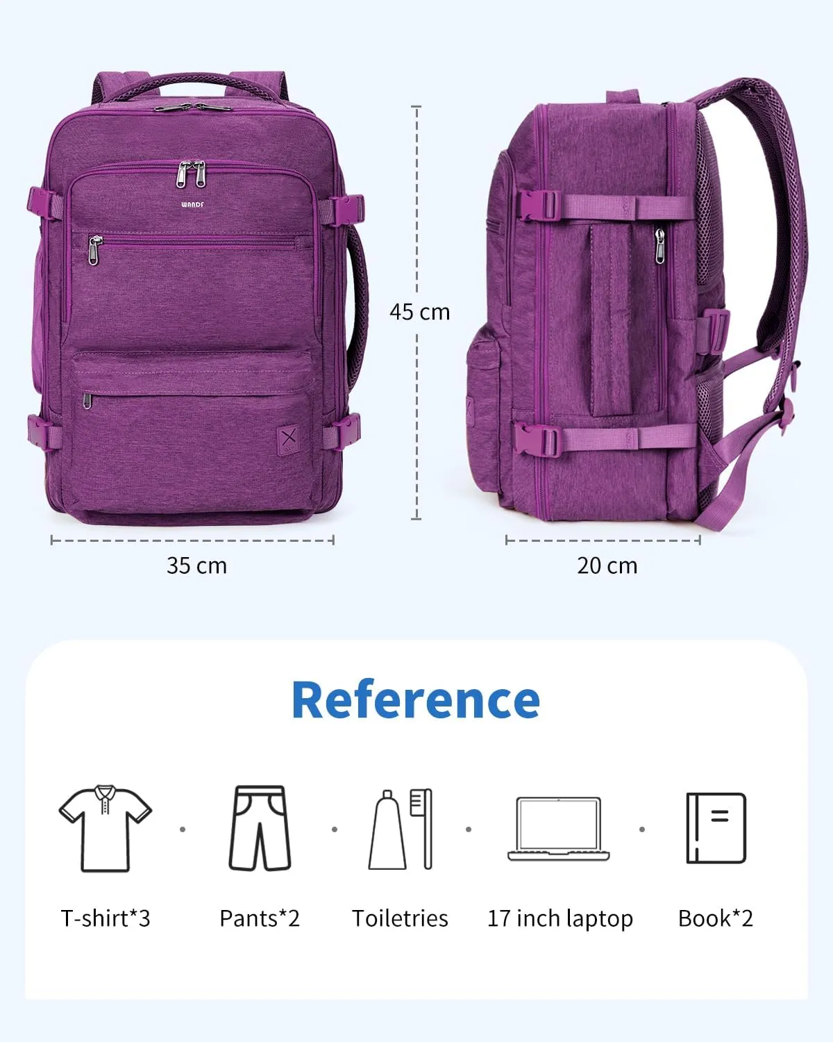 WANDF Travel Backpack For Spirit Airlines Personal Item Bag 18x14x8 with Wet Pocket, 17 Inch Laptop Backpack for Men Women (Deep purple)