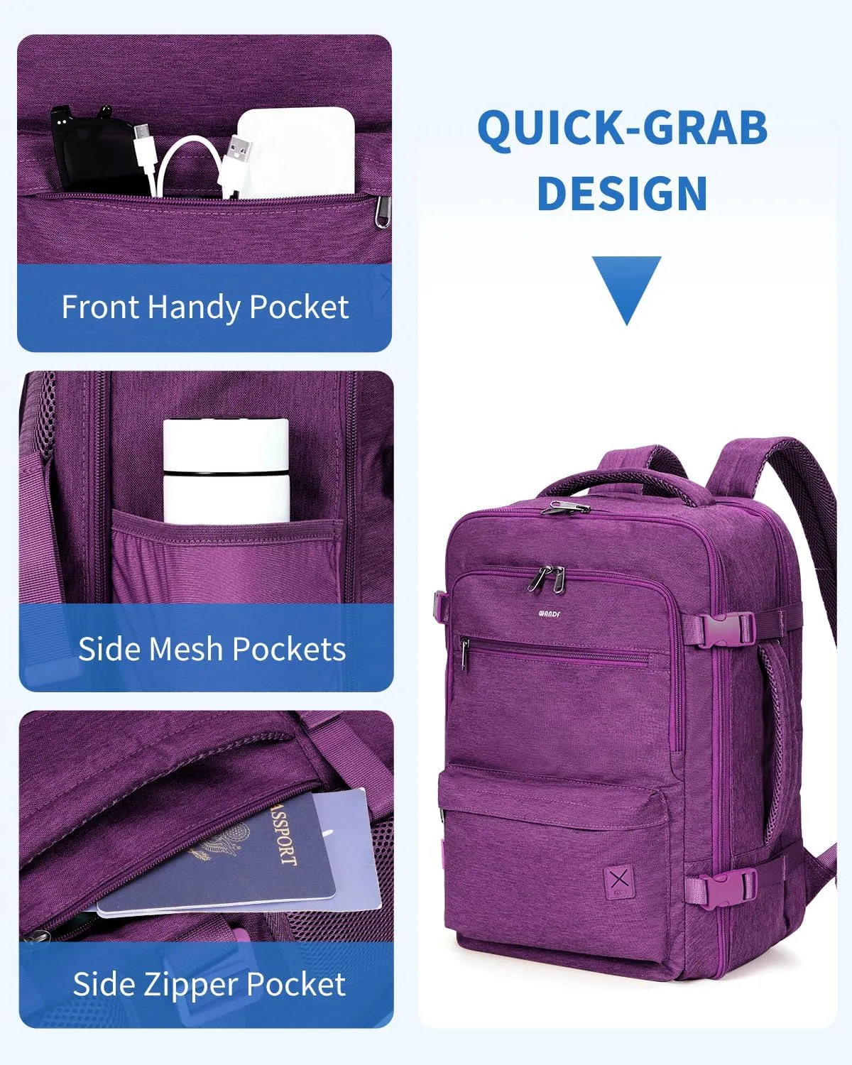 WANDF Travel Backpack For Spirit Airlines Personal Item Bag 18x14x8 with Wet Pocket, 17 Inch Laptop Backpack for Men Women (Deep purple)