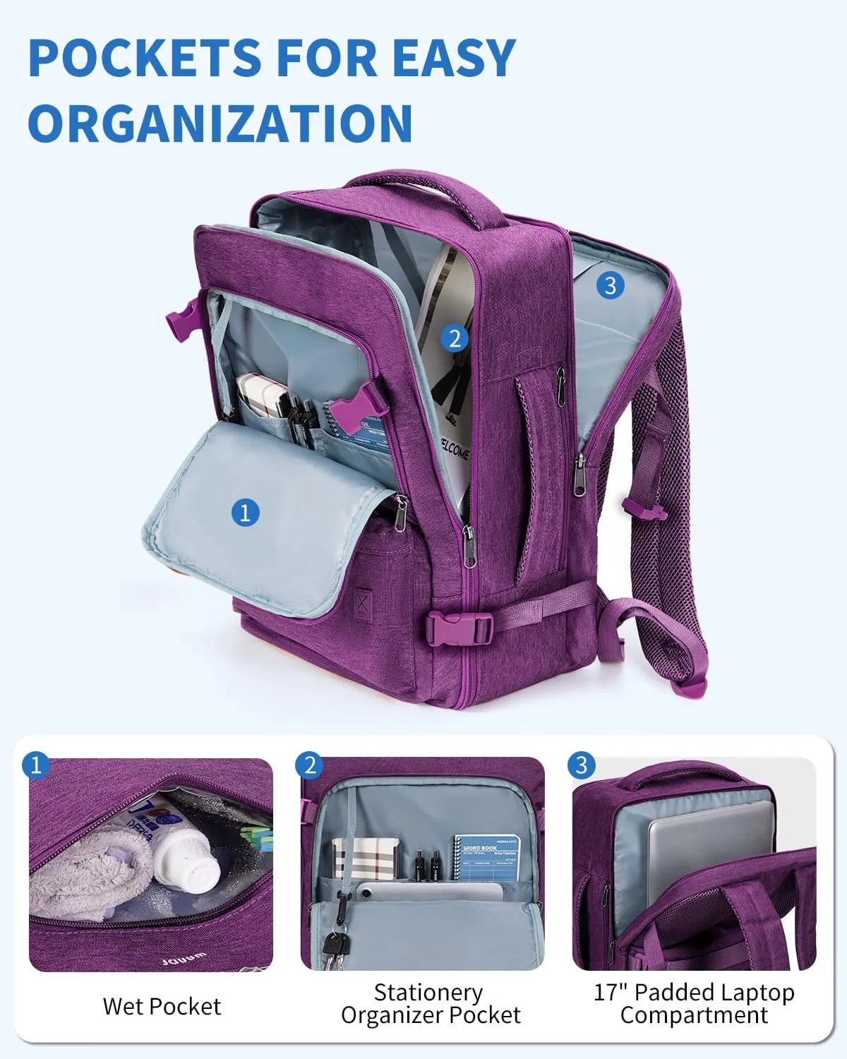 WANDF Travel Backpack For Spirit Airlines Personal Item Bag 18x14x8 with Wet Pocket, 17 Inch Laptop Backpack for Men Women (Deep purple)