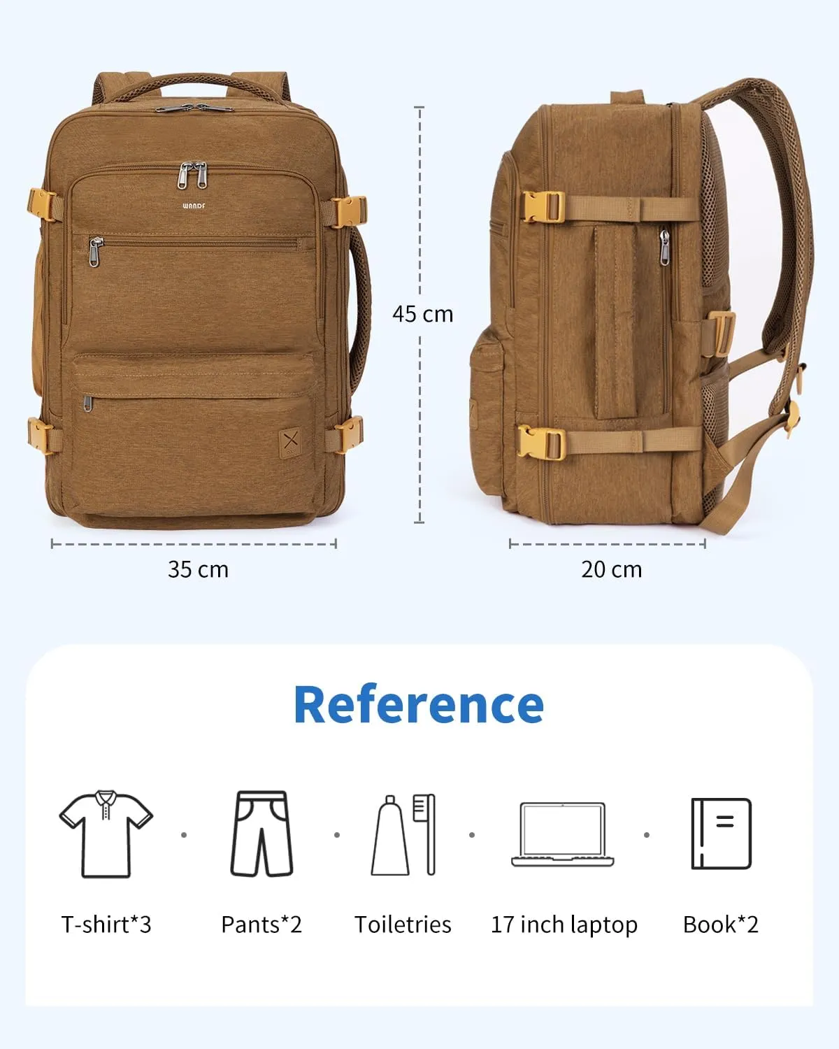 WANDF Travel Backpack For Spirit Airlines Personal Item Bag 18x14x8 with Wet Pocket, 17 Inch Laptop Backpack for Men Women (Earth Yellow)