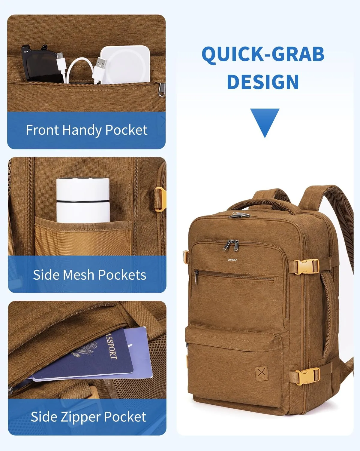 WANDF Travel Backpack For Spirit Airlines Personal Item Bag 18x14x8 with Wet Pocket, 17 Inch Laptop Backpack for Men Women (Earth Yellow)