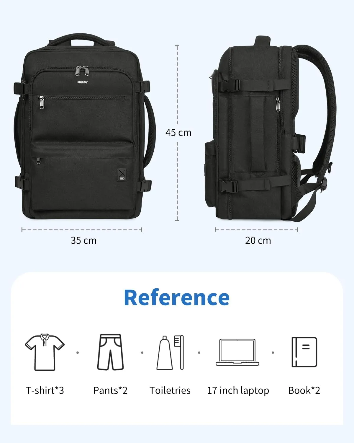 WANDF Travel Backpack For Spirit Airlines Personal Item Bag 18x14x8 with Wet Pocket, 17 Inch Laptop Backpack for Men Women（Black）