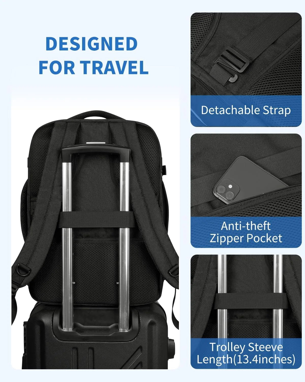 WANDF Travel Backpack For Spirit Airlines Personal Item Bag 18x14x8 with Wet Pocket, 17 Inch Laptop Backpack for Men Women（Black）