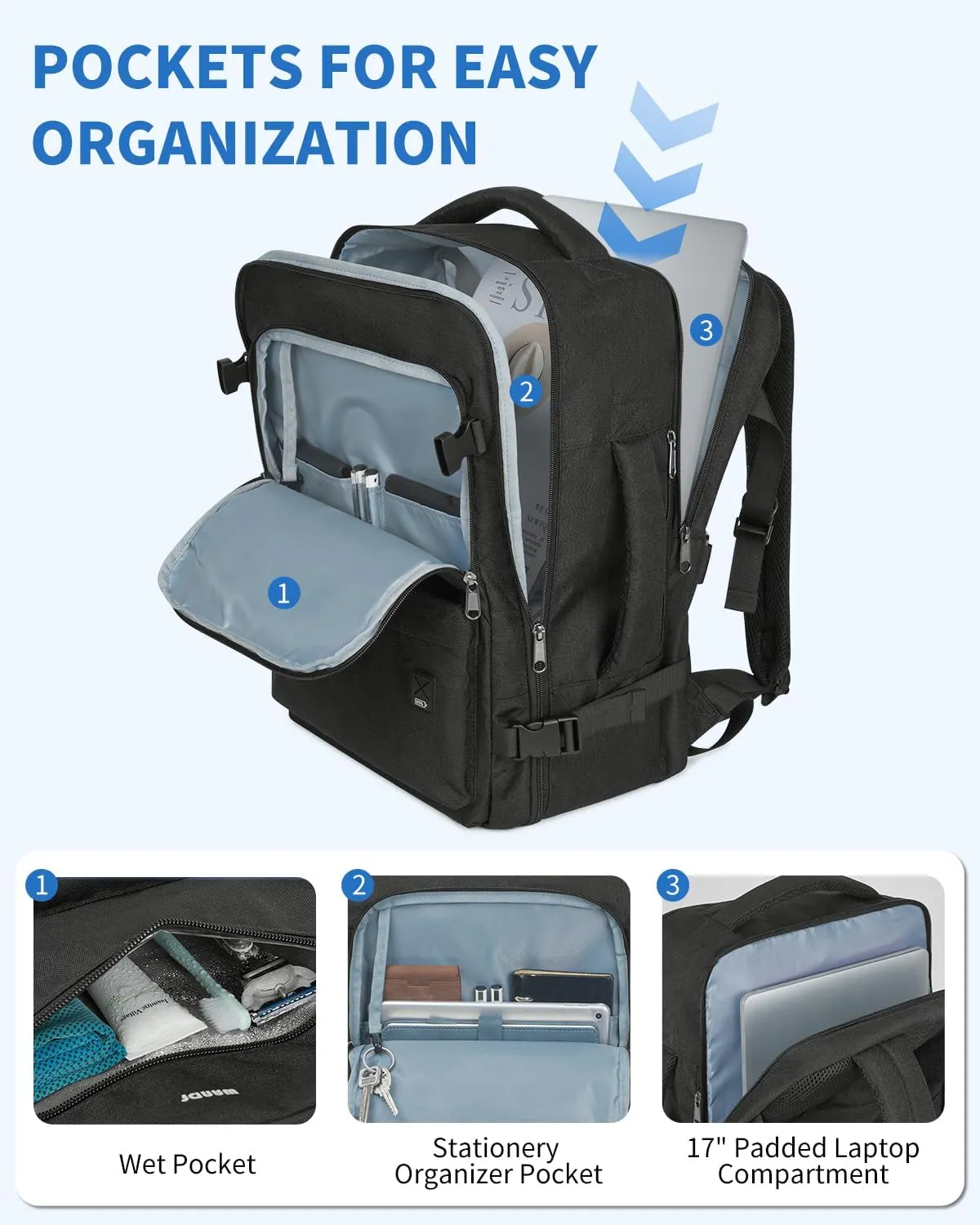 WANDF Travel Backpack For Spirit Airlines Personal Item Bag 18x14x8 with Wet Pocket, 17 Inch Laptop Backpack for Men Women（Black）