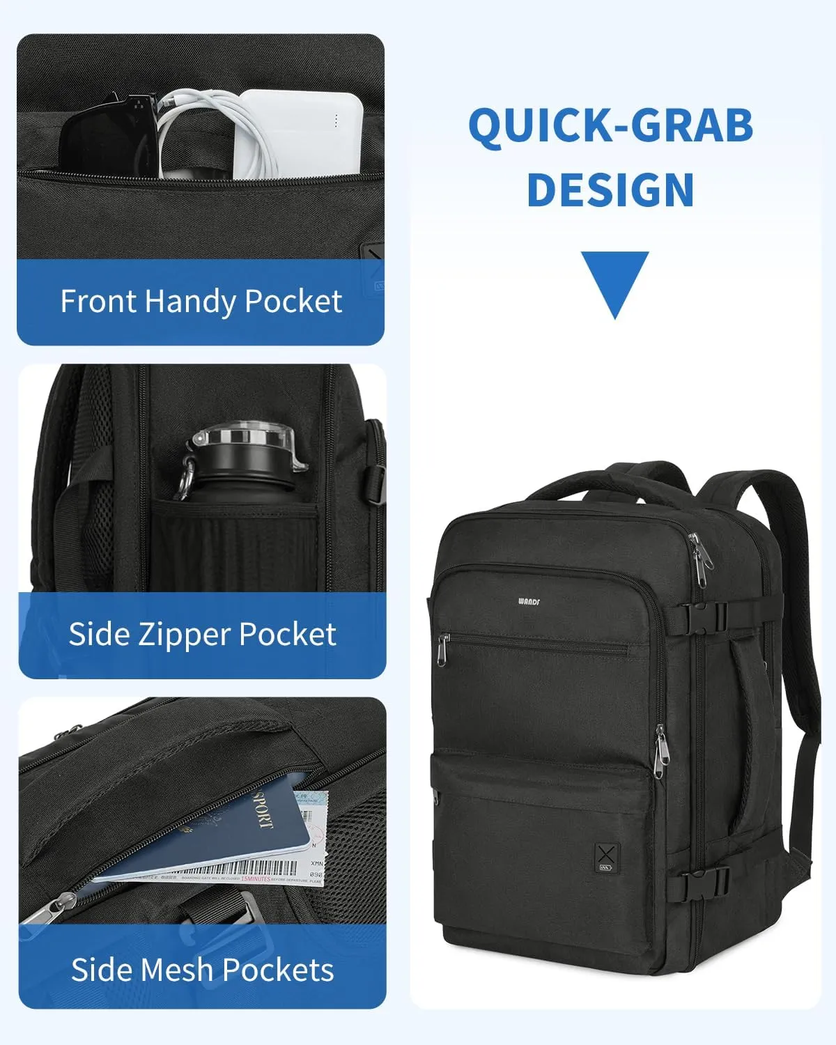 WANDF Travel Backpack For Spirit Airlines Personal Item Bag 18x14x8 with Wet Pocket, 17 Inch Laptop Backpack for Men Women（Black）