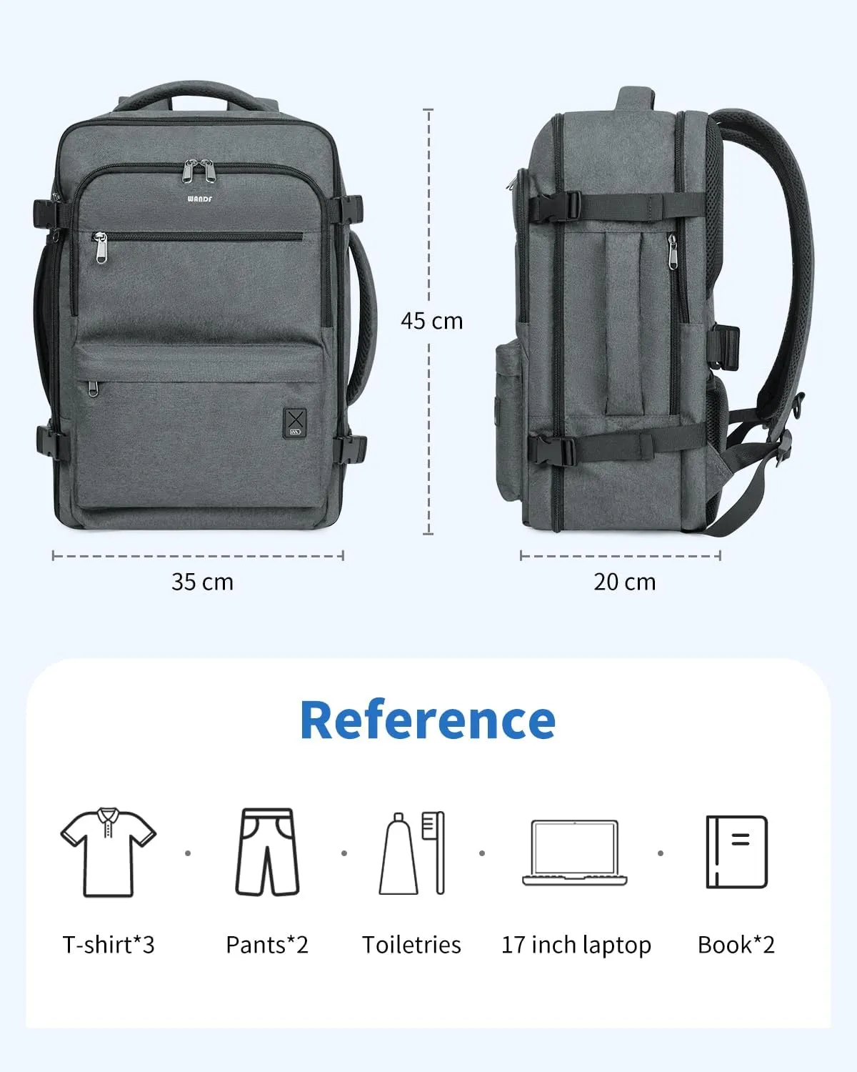 WANDF Travel Backpack For Spirit Airlines Personal Item Bag 18x14x8 with Wet Pocket, 17 Inch Laptop Backpack for Men Women（Grey）