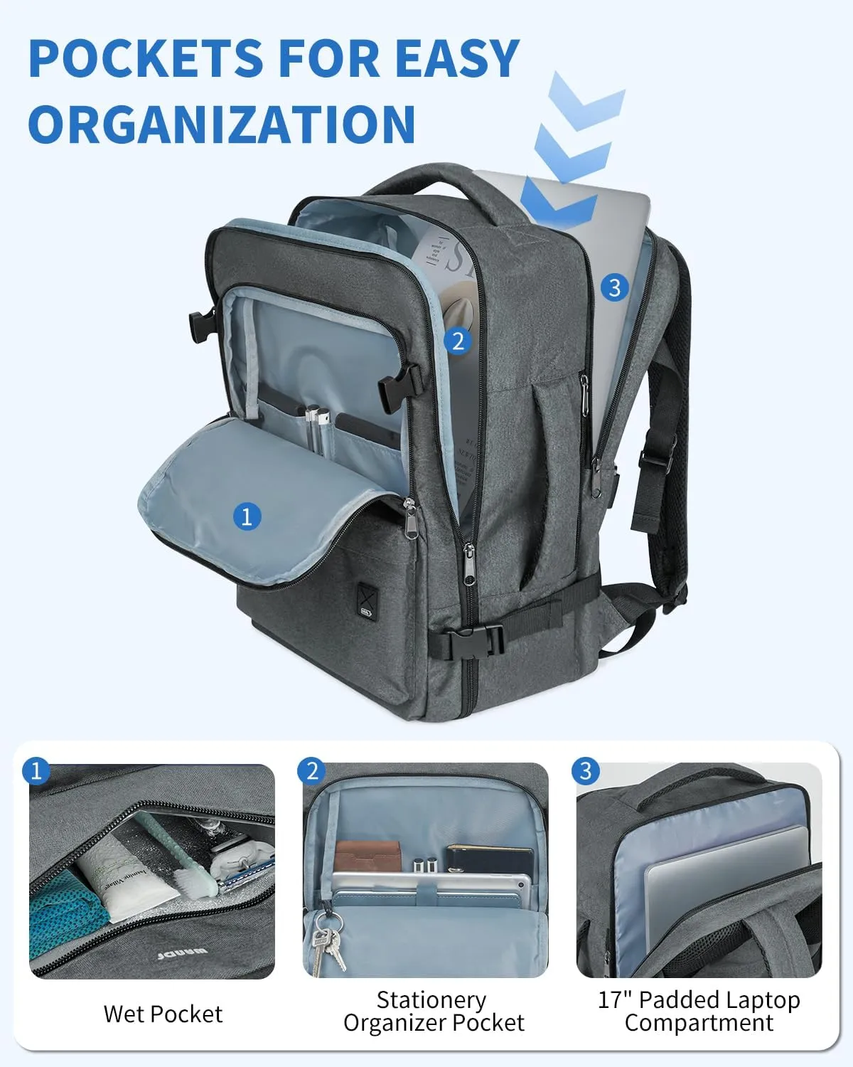 WANDF Travel Backpack For Spirit Airlines Personal Item Bag 18x14x8 with Wet Pocket, 17 Inch Laptop Backpack for Men Women（Grey）