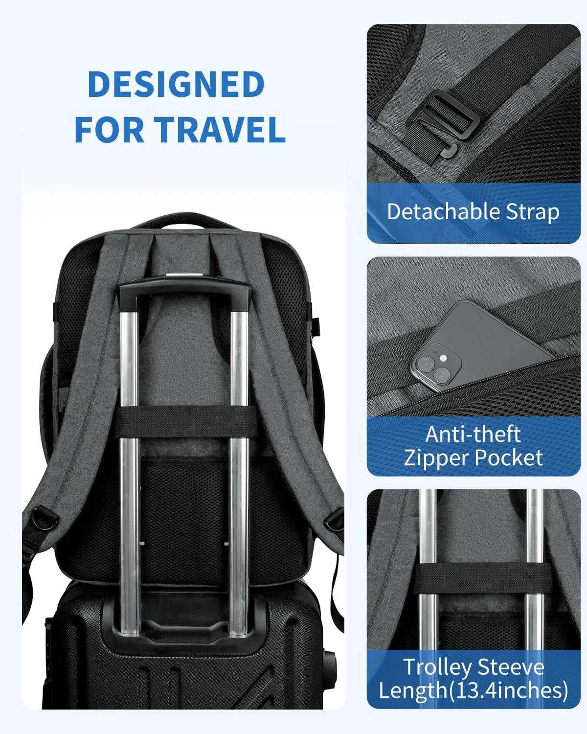 WANDF Travel Backpack For Spirit Airlines Personal Item Bag 18x14x8 with Wet Pocket, 17 Inch Laptop Backpack for Men Women（Grey）