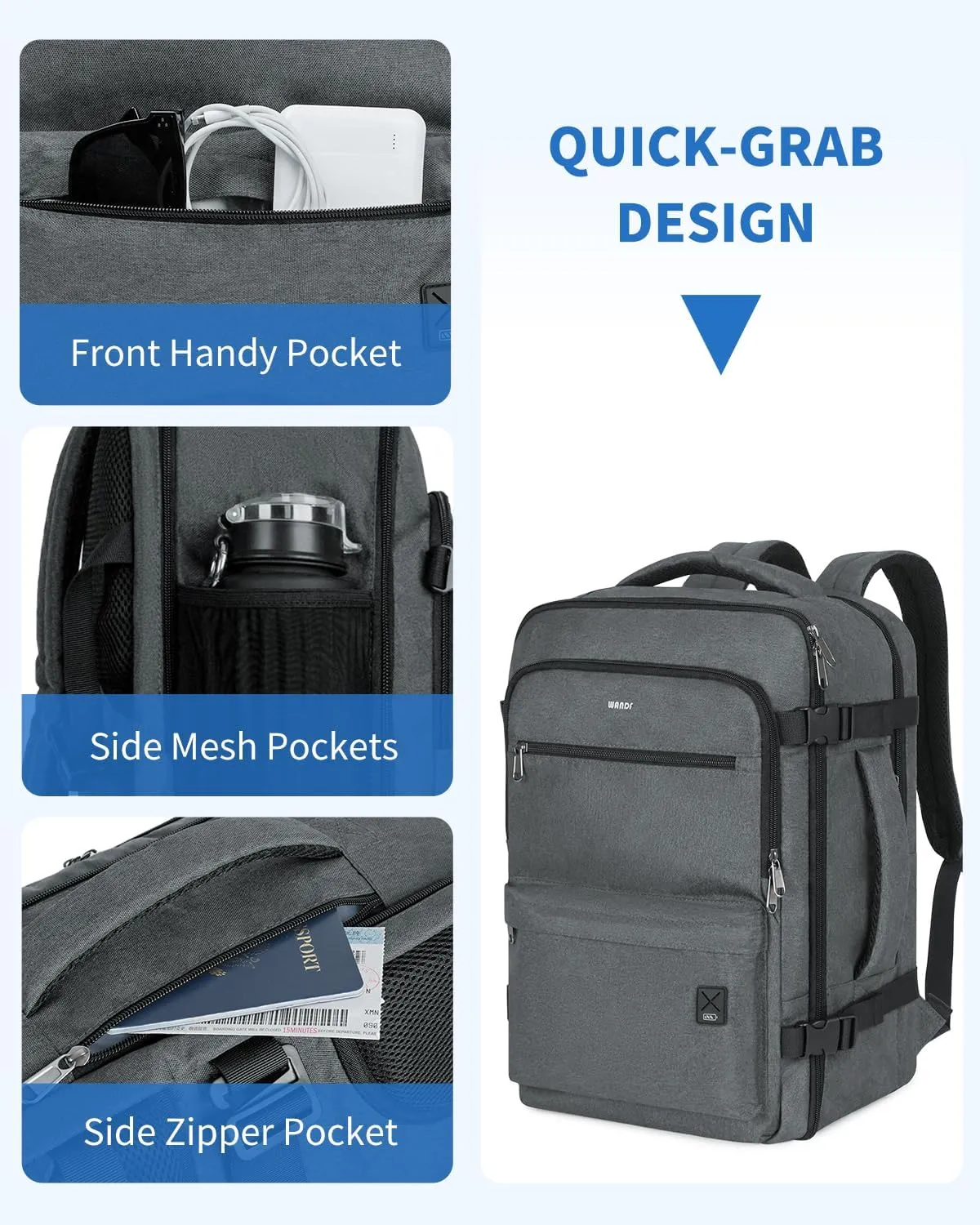 WANDF Travel Backpack For Spirit Airlines Personal Item Bag 18x14x8 with Wet Pocket, 17 Inch Laptop Backpack for Men Women（Grey）