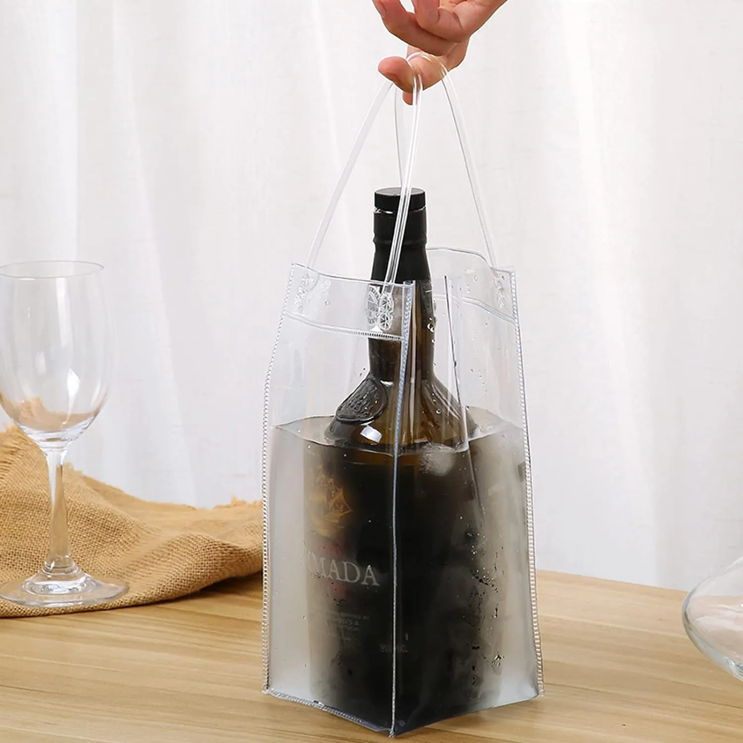 WAONIQ Ice Wine Bag, Portable Collapsible Clear Wine Pouch, Clear PVC Gift Bags With Handles for Wedding Party Travel Champagne Beer White Wine Chilled Beverages(3 Pack)