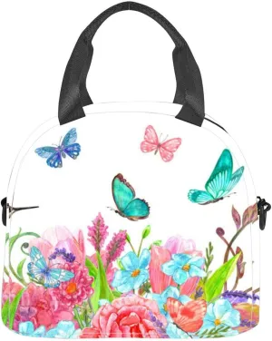 watercolor flowers colorful floral arrangement flying butterflies and Insulated Adult Lunch Bag with Shoulder Strap for Women Lightweight Reusable Portable Freezable Lunch Tote Bag for Work Picnic