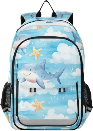 Watercolor Sharks Starfish Ocean Backpack for Boys Girls Elementary School Bag Kids Bookbag Travel Rucksack With Reflective Stripes