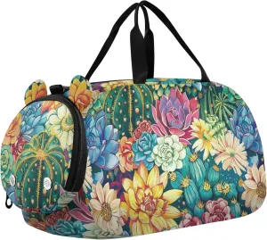 Watercolor Succulent Cactus Sports Duffle Bag for Teens Girls Boys, Gym Bag with Shoe Compartment, Kids Travel Overnight Weekender Shoulder Bag