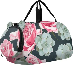 Watercolor Succulents and Roses Pattern Gym Travel Duffel Bag with Shoe Compartment for Boys Girls - Gymnastics Sports Dance Football Travel Bag Teens Weekender Sleepover