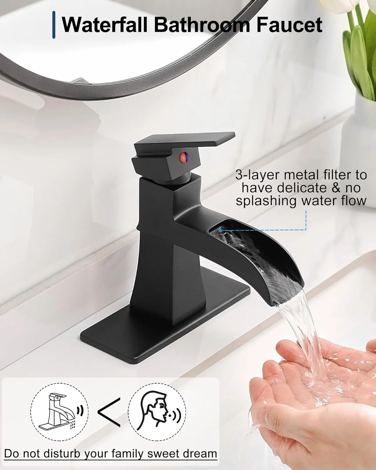 Waterfall Faucet, Brass Black Bathroom Sink Faucet 1 Hole or 3 Holes (4 Inch) with Single Handle, Pop-Up Drain, Lead-Free cUPC Supply Hoses & Deck Plate for Vanity Lavatory RV
