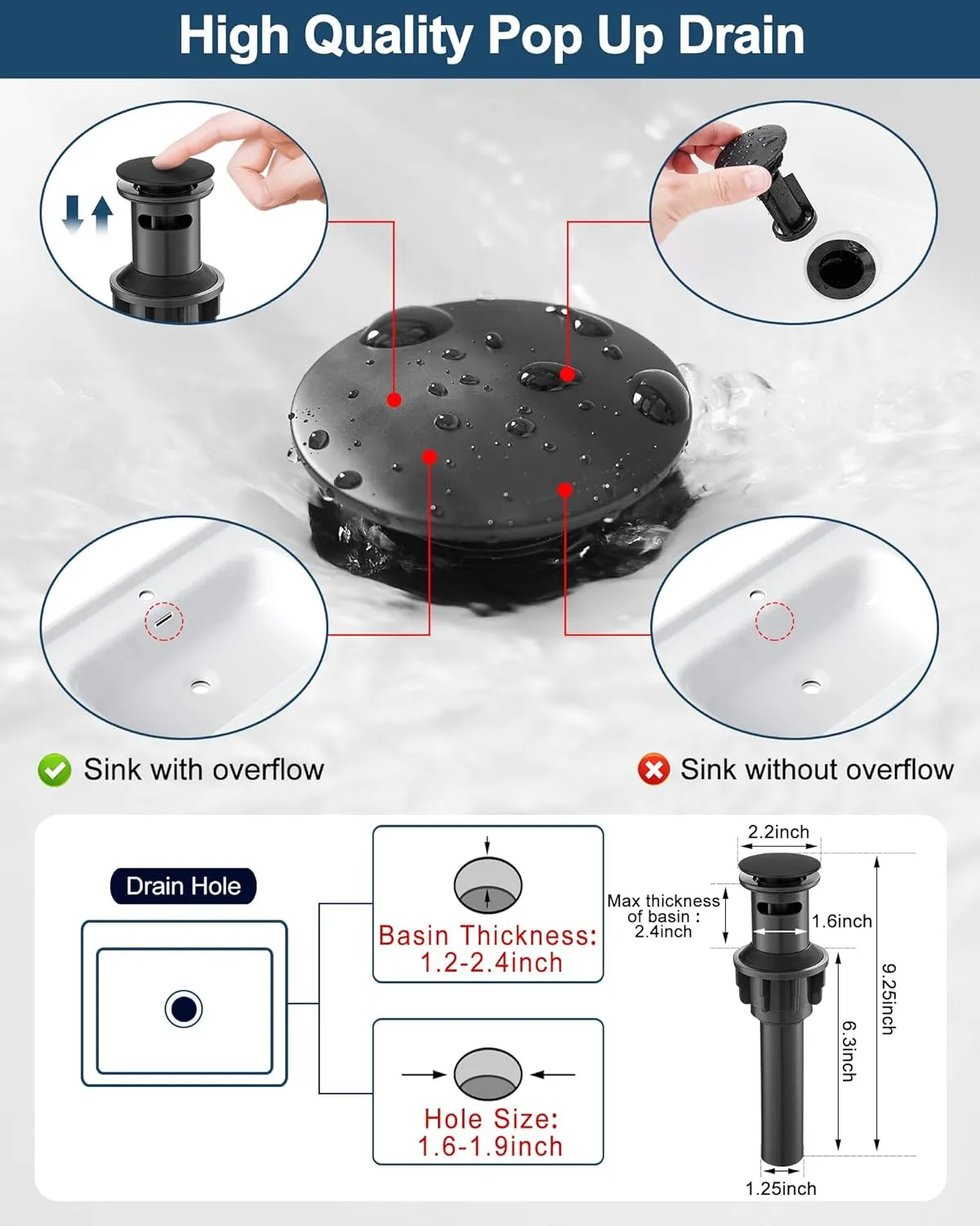 Waterfall Faucet, Brass Black Bathroom Sink Faucet 1 Hole or 3 Holes (4 Inch) with Single Handle, Pop-Up Drain, Lead-Free cUPC Supply Hoses & Deck Plate for Vanity Lavatory RV