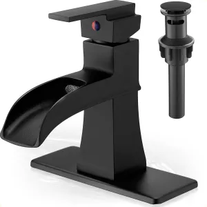 Waterfall Faucet, Brass Black Bathroom Sink Faucet 1 Hole or 3 Holes (4 Inch) with Single Handle, Pop-Up Drain, Lead-Free cUPC Supply Hoses & Deck Plate for Vanity Lavatory RV