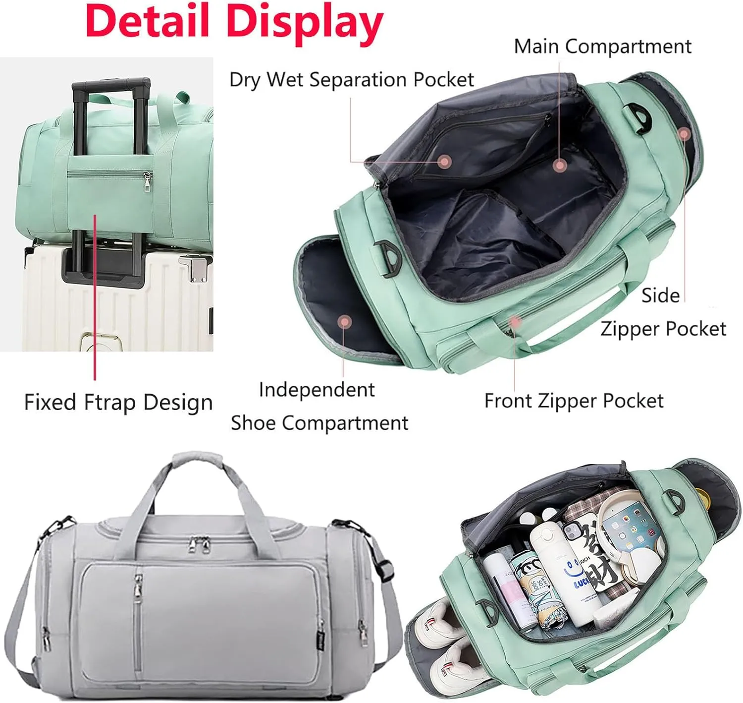 Waterproof Duffel Backpack with Shoe Compartment Dry Wet Separation 20"L Travel Gym Bag for Women Men (Grey)