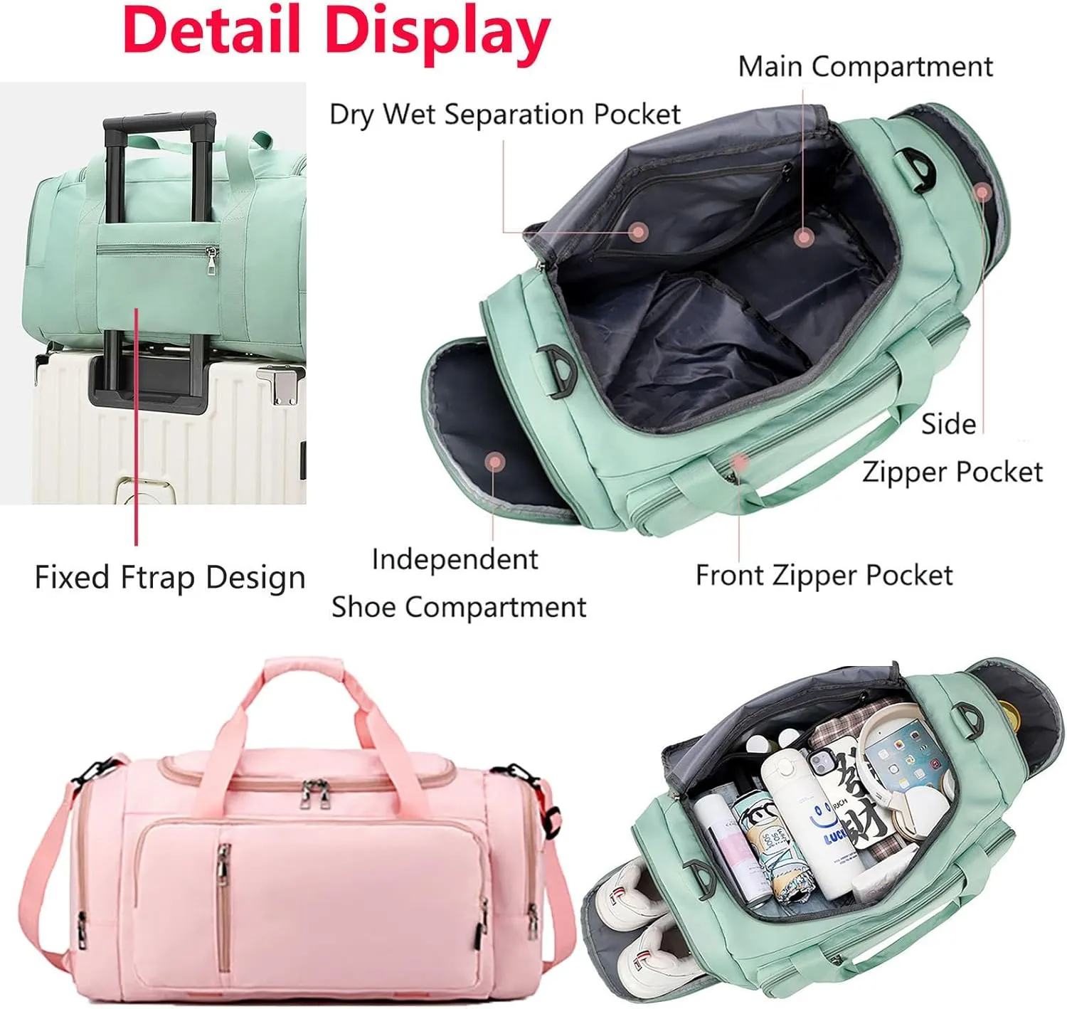 Waterproof Duffel Backpack with Shoe Compartment Dry Wet Separation 20"L Travel Gym Bag for Women Men (Pink)